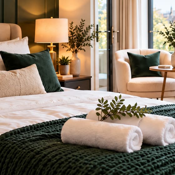 A bedside lamp, plant and neatly dressed pillows against a green wall