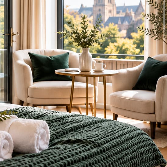 Two cream armchairs and a small table beside a large window