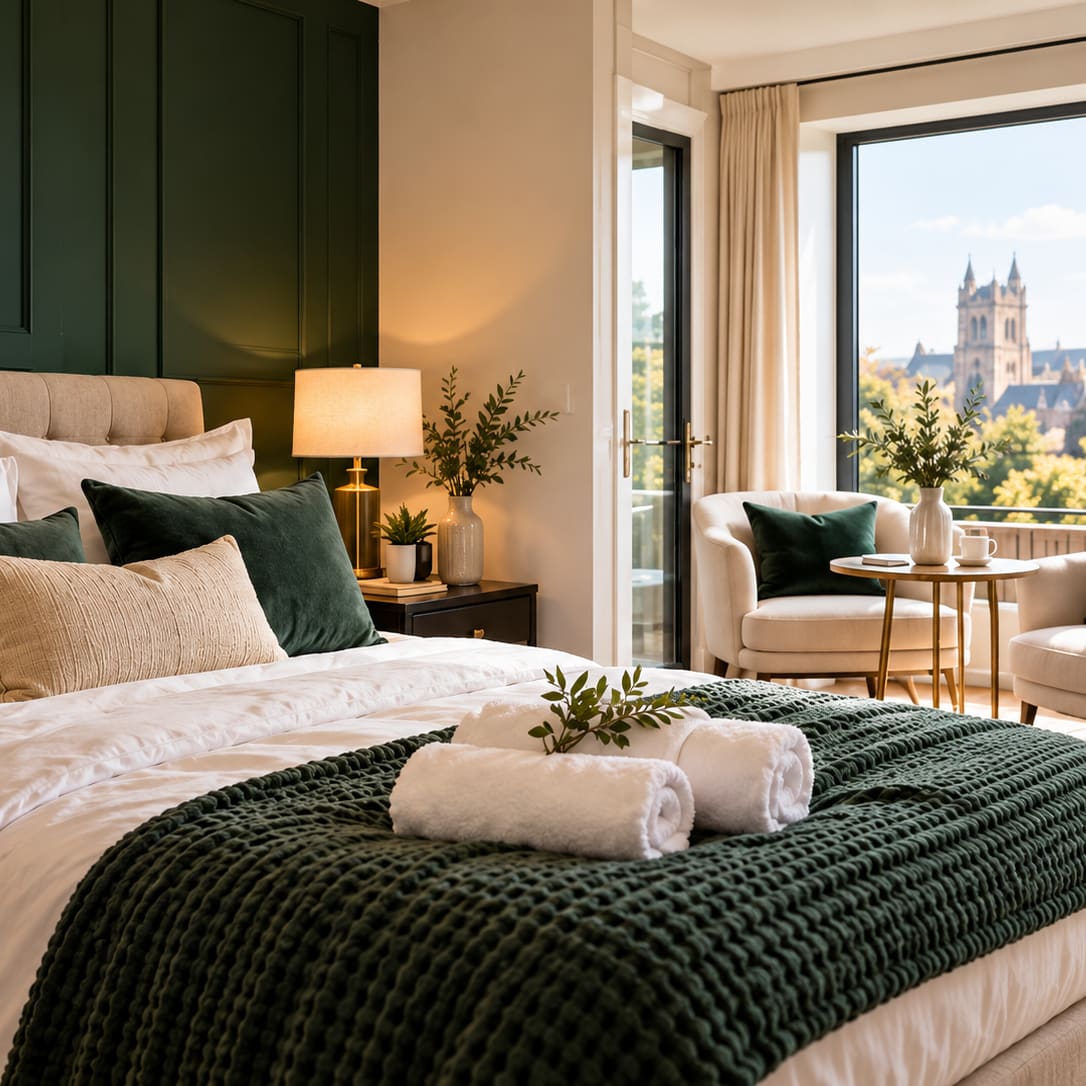 A made-up guest bed with green velvet cushions, white linen and rolled towels